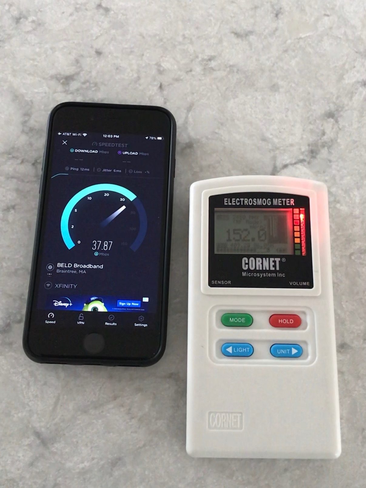 iPhone over WiFi - speeds of 37.87 and RF measurement of 152.0 (Red Zone!)